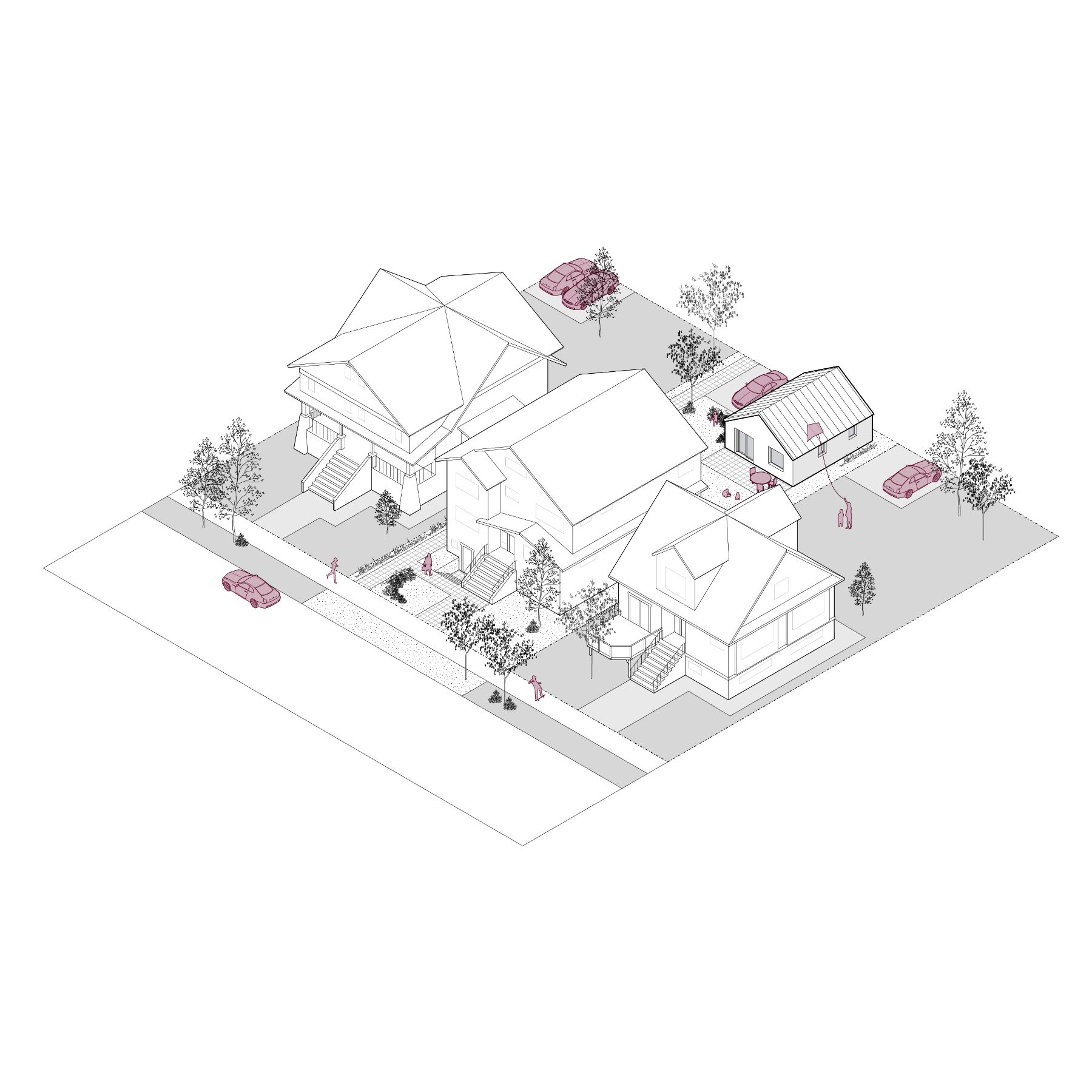 Rendu filaire 3D du logement accessoire 01, d’une superficie d’environ 600 pieds carrés. L’image montre l’intégration du logement dans un quartier typique, en mettant l’accent sur l’utilisation efficace de l’espace et l’aménagement d’un bâtiment de plain-pied.